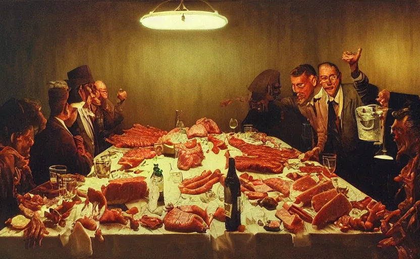 Image similar to a formal dinner party involving a great deal of meat on a table in a dark kitchen lit by a single bulb, painted by rick berry and norman rockwell and zdzislaw beksinski, highly detailed, muted colours