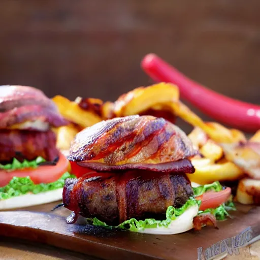 Image similar to bacon wrapped bacon cheeseburger with kevin bacon inside