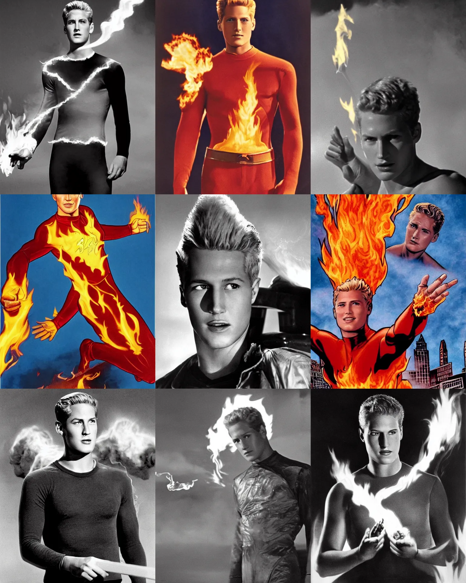 Prompt: Young Paul Newman starring as Johnny Storm, The Human Torch from The Fantastic Four Movie, Flame On, Entirely Engulfed in Fire and Smoke as The Human Torch, Color, Modern