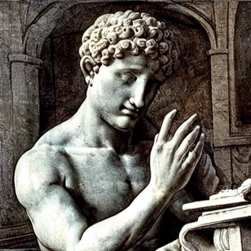 Image similar to photo of a intricately detailed marble statue of david facepalming with a laptop on his lab, because of his slow internet by leonardo davinci