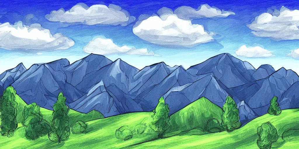 Prompt: digital drawing of mountains in a sunny day, clouds, blue sky, forest