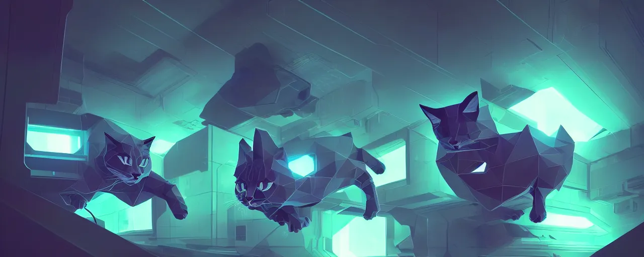 Image similar to duotone noir scifi concept illustration of lowpoly cats inside box floating zero gravity glowing 3 d mesh portals futuristic, glowing eyes, octane render, surreal atmosphere, volumetric lighting. accidental renaissance. by sachin teng and sergey kolesov and ruan jia and heng z. graffiti art, scifi, fantasy, hyper detailed. trending on artstation