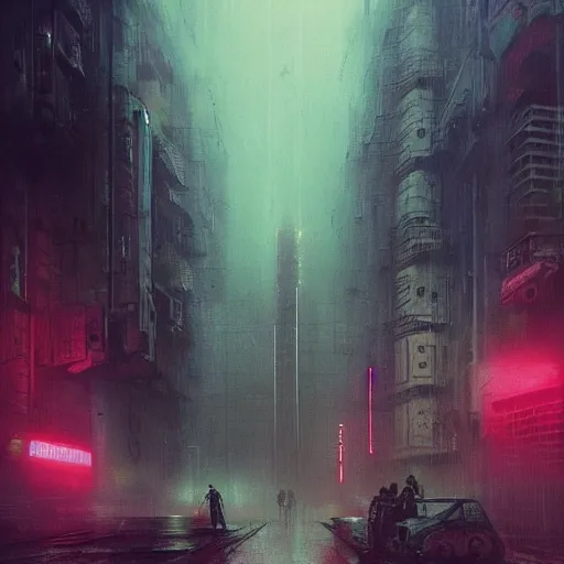 Prompt: cyberpunk cityscape, neon lights and heavy fog, flying cars, dark atmosphere, beksinski, jeremy mann, 1 9 7 0 s star wars style, detailed