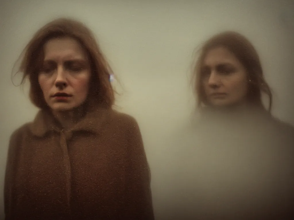Image similar to close up portrait bust of woman, solemn expression, faded color film, russian cinema, tarkovsky, kodachrome, heavy forest, wood cabin in distance, deep depth of field, long brown hair, old clothing, heavy fog, atmospheric haze, brown color palette, sunset, low light, hudson river school, 4 k, dramatic lighting