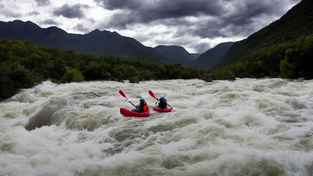 Image similar to a huge river with raging white water, mountains in the background, two kayakers navigating the rapids, epic lighting