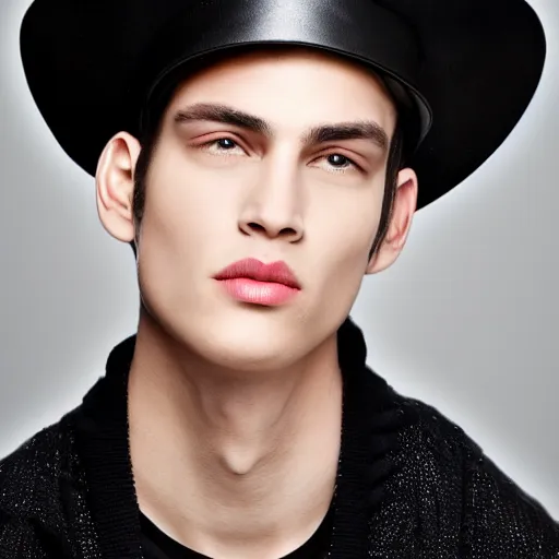 Image similar to a male model wearing a black leather hat, frontal view, cool looking