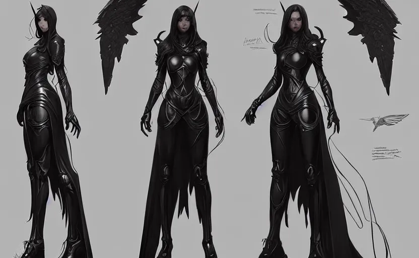 Image similar to Concept art character sheet of an Angel knight gothic girl, sci-fi, highly detailed, digital painting, artstation, concept art, smooth, sharp focus, illustration, art by artgerm and greg rutkowski and alphonse mucha