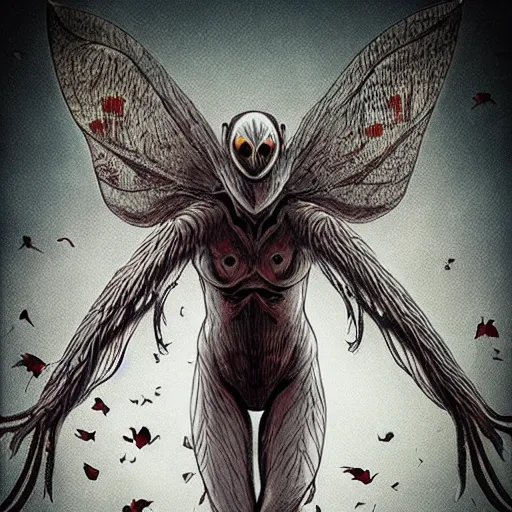 Prompt: mothman by Junji Ito and Satoshi Kon, post-processing, beautiful, scary, octane rendered, anime masterpiece, accurate