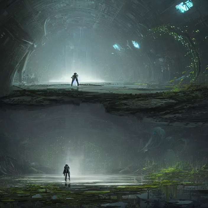 Prompt: Mattepainting an futuristic astronaut in an empty dark flooded ballroom overgrown with aquatic plants, by Noah Bradley and Andreas Rocha and Brian Sum and Makoto Shinkai. Dark and foreboding