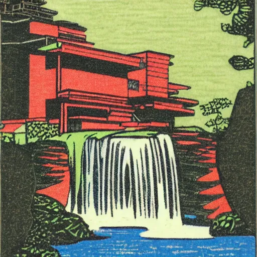 Prompt: master color woodblock print, fallingwater