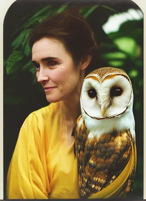 Image similar to head to shoulder portrait Polaroid film photograph of an elegant lovely woman wearing a yellow kimono with a very detailed barn owl on her shoulder!!! in a tropical greenhouse. looking at the camera!!. slight smile. super resolution. Extremely detailed. face like Jennifer Connelly. Pre - raphaelit .Polaroid 600 film.by WLOP.