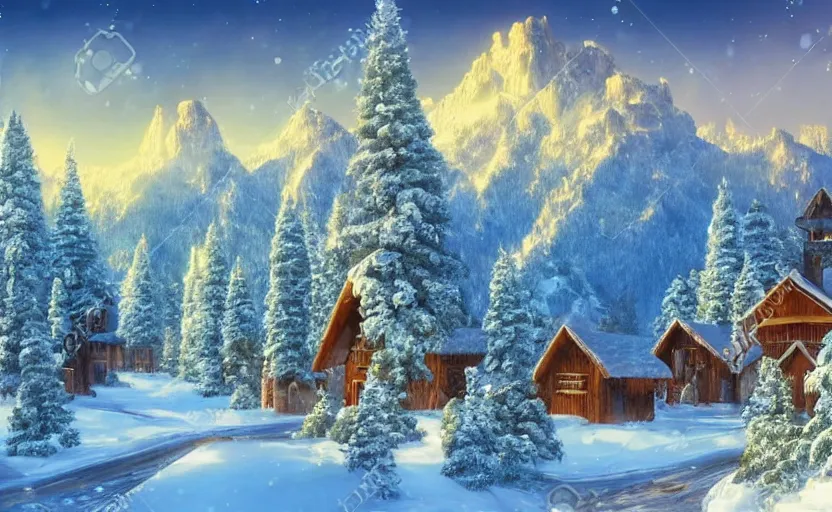 Image similar to snowy northern frontier town, tall pine forest and moutains, fantasy art