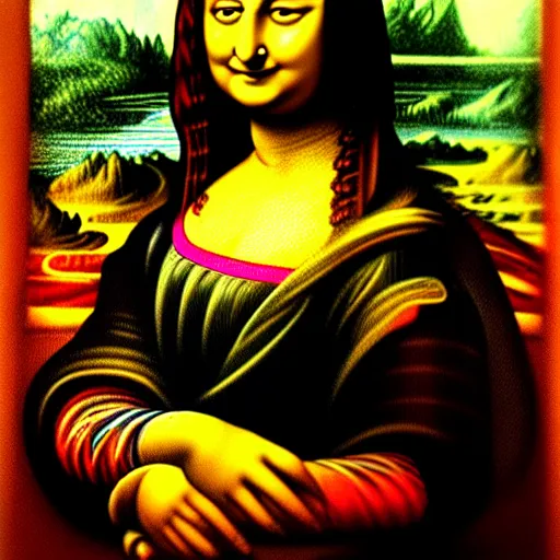 Prompt: an indian woman's painting in the style of mona lisa by leonardo da vinci