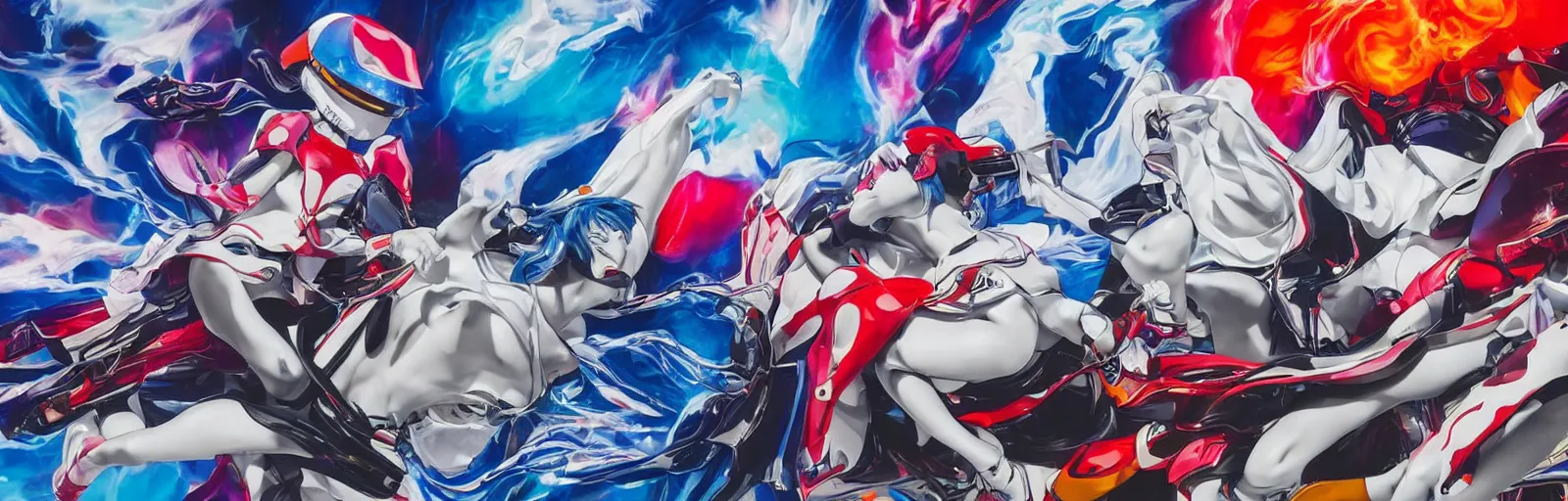 Image similar to billboard advertisement with an extremely beautiful photo of a white marble statue of an anime girl with colorful motocross logos and motorcycle helmet with closed visor, colorful smoke in the background, carved marble statue, fine art, neon genesis evangelion, virgil abloh, offwhite, denoise, highly detailed, 8 k, hyperreal