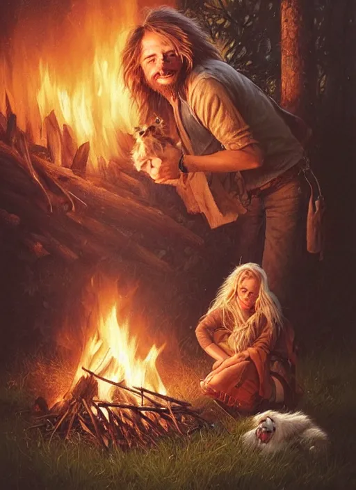 Image similar to highly detailed portrait of long - haired hillbilly around a bonfire with his fluffy australian shepherd, blonde hair, stephen bliss, art by greg rutkowski, loish, rhads, ferdinand knab, makoto shinkai and lois van baarle, artgerm, pixar, ilya kuvshinov, rossdraws, tom bagshaw, global illumination