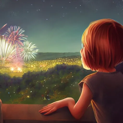 Image similar to girl watching watching fireworks on a hill, digital art, by ben weiner, richard estes, range murata, akiyuki shinbou, yoshitaka amano, wlop, highly detailed, realistic, cinematic, bold colours, photorealism, 4 k, wide angle lens, trending on artstation, artgerm