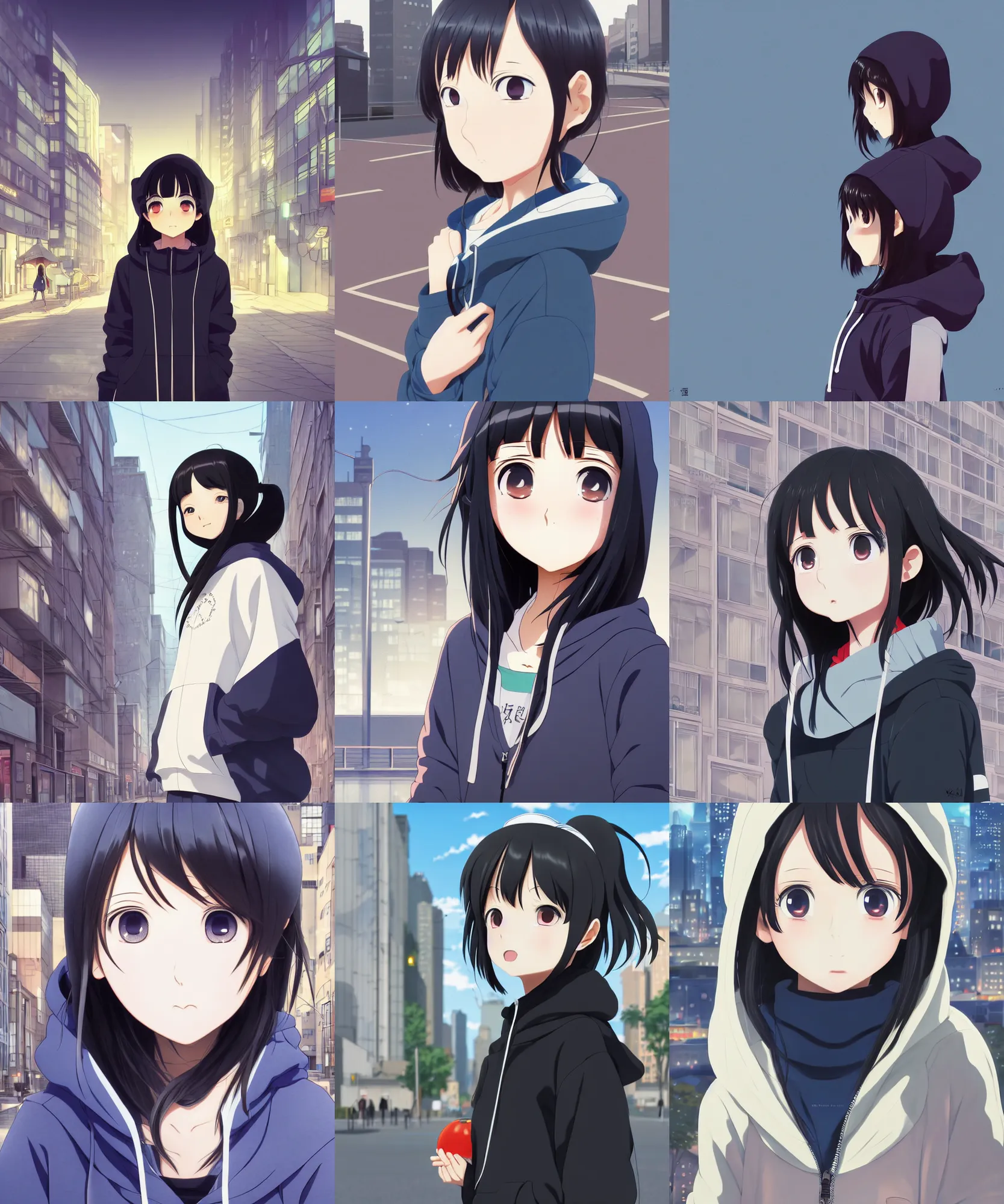 Prompt: anime visual, illustration of a young black haired girl wearing hoodie on the detailed modern city street background, cute face by yoh yoshinari, katsura masakazu, studio lighting, zoom out, ilya kuvshinov, cel shaded, crisp and sharp, rounded eyes, bright daylight moody