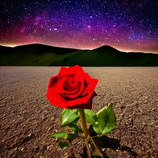 Image similar to a red rose is growing in the middle of the desert. beautiful starry sky can be seen in the background. 8 5 mm shot.