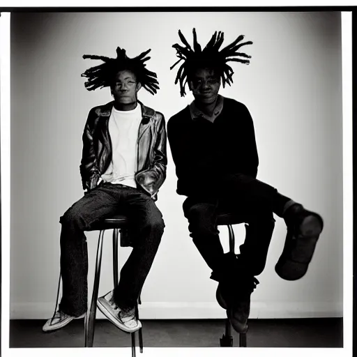 Prompt: medium format photo of jean - michel basquiat and kurt cobain photographed by annie leibovitz in a hi end photo studio, photorealistic, atmospheric,