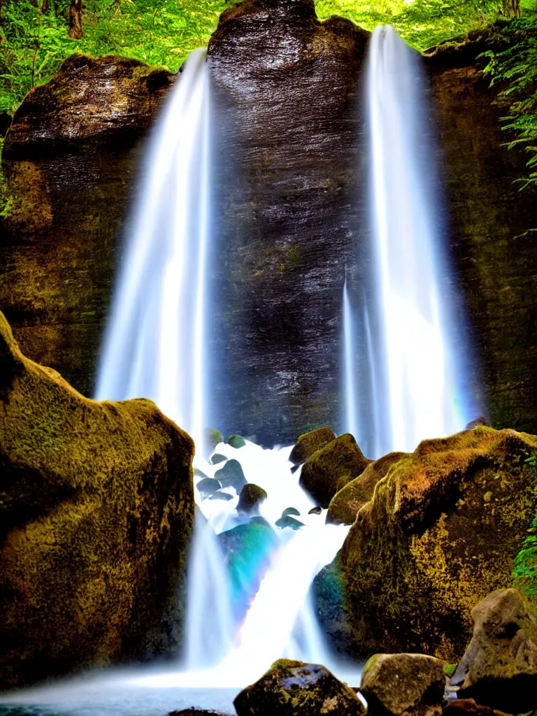 Image similar to artdeco waterfall cascading onto rocks, small rainbow emerging in background, ethereal, beautiful scenery,