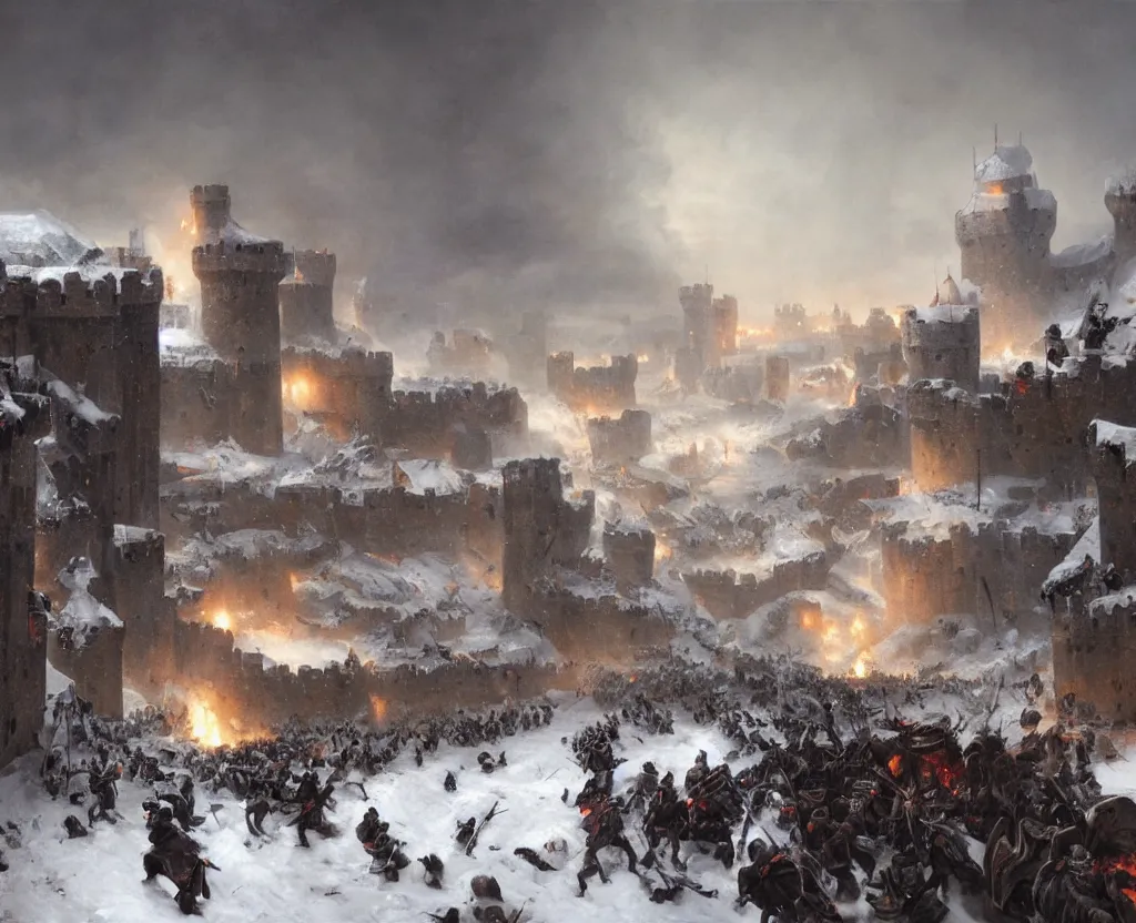 Image similar to Siege of a medieval castle in winter while two great armies face each other fighting below and catapults throw stones at the castle destroying its stone walls, heavy snow storm, fantasy, medieval, fire, explosions and grey smoke here and there, highly detailed, Artstation, oil on canvas painting by greg rutkowski