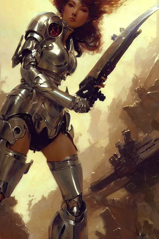 Image similar to futuristic women with medieval armor cyborg fighting dynamic poses, holding a gunsword, detail, beautifull face, no blur, painting by gaston bussiere, craig mullins, greg rutkowski, yoji shinkawa, sorayama