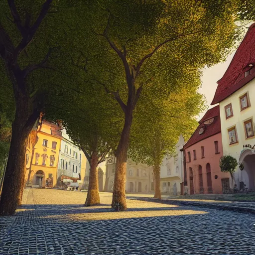 Image similar to a beautiful hyper realistic photo of banska stiavnica in summer, cobblestone pavement, with old houses and few trees in sunset, sky, ufo in sky, v - ray, octane render, unreal engine, by greg rutkowski and james gurney, artstation