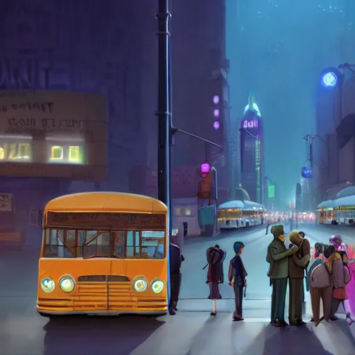 Image similar to few people waiting in a bus stop in dark city night, detailed, high quality, high resolution, screenshot from Zootopia