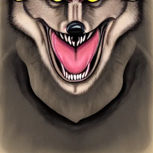 Image similar to portrait of ugly wolf, retarded, eyes in different directions, rabies, missing teeth, propaganda style, vivid colors