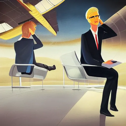 Image similar to “a gorgeous futuristic painting of a tall blond man and a dark haired man, sitting in a busy airport, reading books. They’re wearing monocles. an airplane is taking off in the background. Trending on artstation, rendered in 8k with unreal engine”