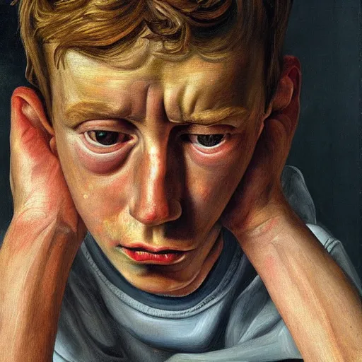 Prompt: high quality high detail painting by lucian freud, hd, portrait of a stressed boy, worried, sad, photorealistic lighting