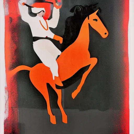 Image similar to tangerine calm by laszlo moholy - nagy, by banksy. a photograph of a heroine riding on a magnificent red horse. traditional russian folk costume & headscarf. pale & beautiful, resolve in her eyes. horse's hooves churn up earth as they gallop, dark forest looms.