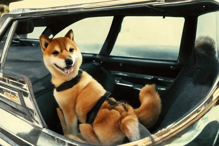 Image similar to picture of a shiba inu driving a car, 1 9 7 0 s