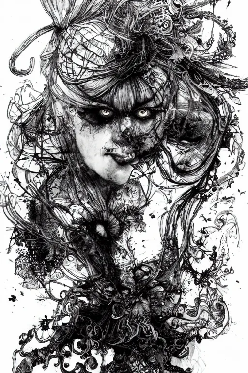 Prompt: We're all mad here Alice, Alice in wonderland, twisted, insanity, pen and ink, intricate line drawings, by Yoshitaka Amano, Ruan Jia, Kentaro Miura, Artgerm, watercolor