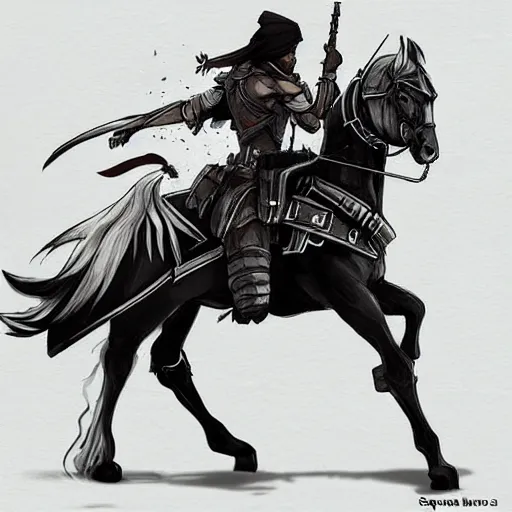 Image similar to a concept art for a new video game, by square enix, about a hero fighting for his nation, wearing a turban and also a black horse, his clothes are very desert style, and also symmetrical, perfect shape, and also very detailed, illustrations this is drawn by yoshitaka amano