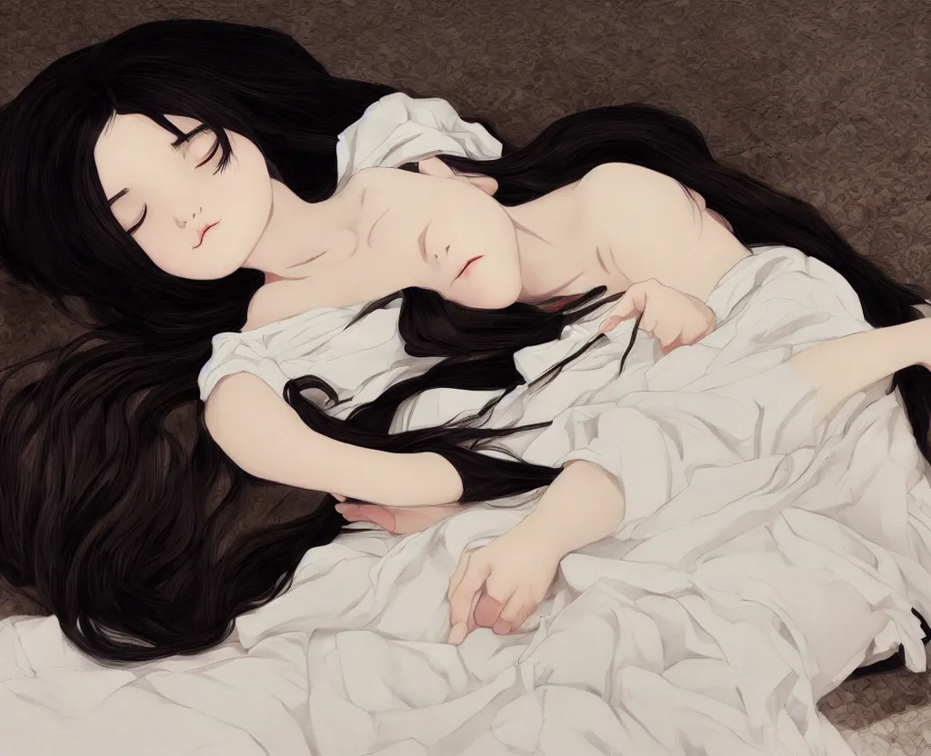 Image similar to room with an little girl with an long black hair dressed in a simple white dress sleeping, anime art style, digital art ilya kuvshinov, inspired by balthus, hd, 4 k, hyper detailed, dark, anatomically correct, angelic face