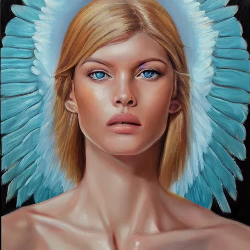 Image similar to hyperrealism oil painting, fashion model portrait, holy angel