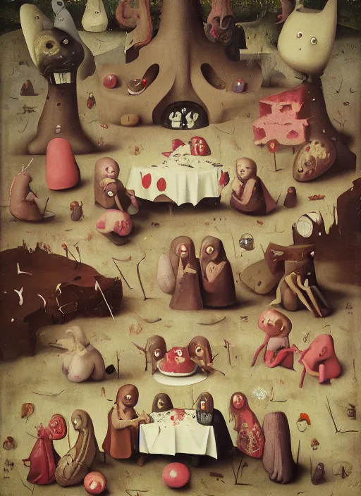 Image similar to fnafs eating cakes painted by hieronymous bosch, detailed digital art, trending on Artstation