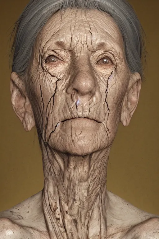 Prompt: portrait of a old woman with cracked reaction diffusion skin. high detail, by Eddie Mendoza