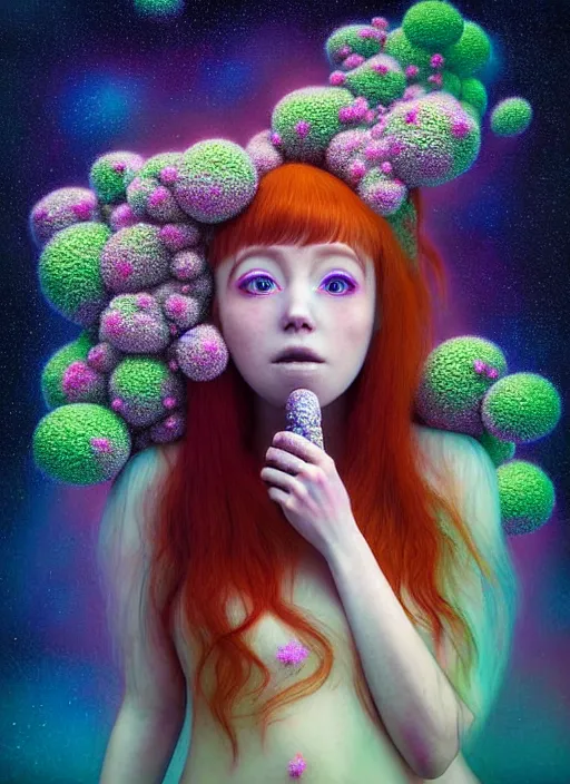 Image similar to hyper detailed 3d render like a Oil painting - kawaii fullbody standing portrait Aurora (auburn haired Singer Weaslwaif) seen Eating of the Strangling network of yellowcake aerochrome and milky Fruit and Her delicate Hands hold of gossamer polyp blossoms bring iridescent fungal flowers whose spores black the foolish stars by Jacek Yerka, Mariusz Lewandowski, Houdini algorithmic generative render, Abstract brush strokes, Masterpiece, Edward Hopper and James Gilleard, Zdzislaw Beksinski, Mark Ryden, Wolfgang Lettl, hints of Yayoi Kasuma, octane render, 8k