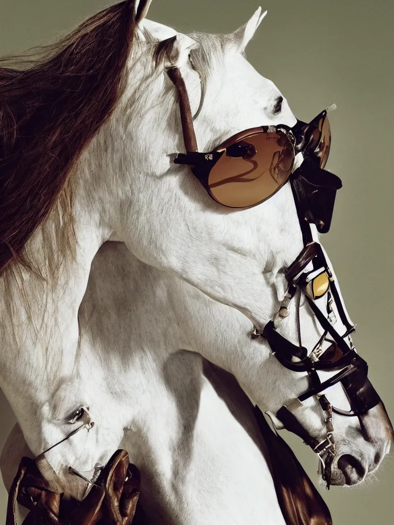 Prompt: a stylish horse with sunglasses, vogue magazine