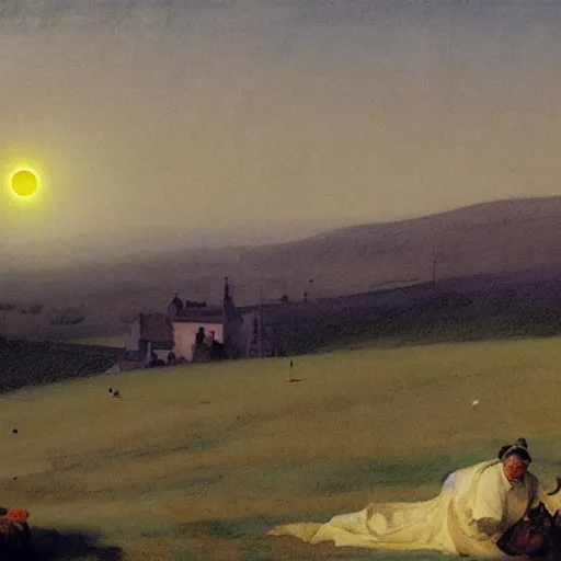 Image similar to dark solar eclipse, above a village, highly detailed, studio 4 k quality, by ramon casas