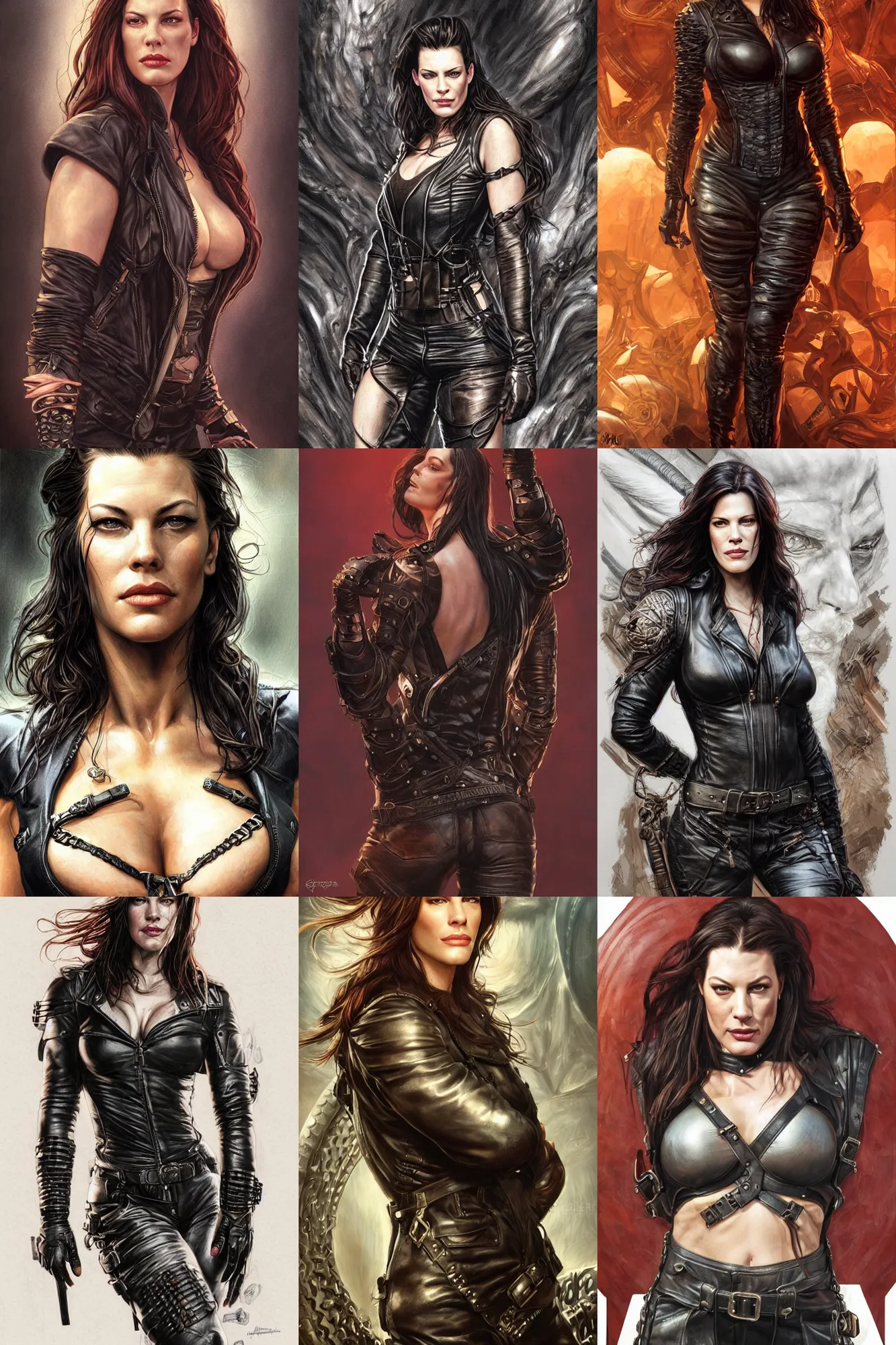 Prompt: muscled Liv Tyler as a ruggedly handsome heroine , dressed in biker leather, backlit, intricate, elegant, highly detailed, centered, digital painting, artstation, concept art, smooth, sharp focus, illustration, art by artgerm and donato giancola and Joseph Christian Leyendecker, Ross Tran, WLOP