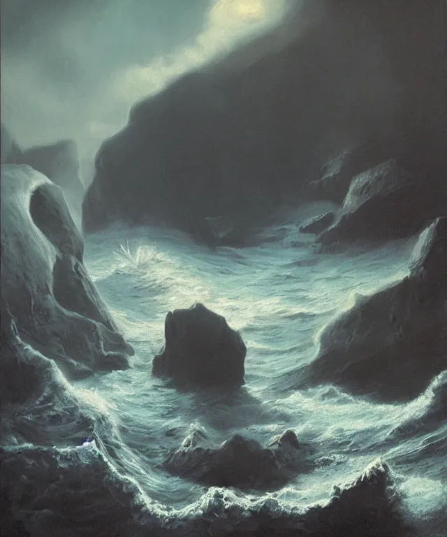 Prompt: photorealistic painting of a 1 9 2 5 seiner sailing near a tropical skull - shaped cliff with the mouth of a sea cave at the waterline, dark, brooding, atmospheric, lovecraft, horror, smooth, epic, highly detailed, cinematic, by larry elmore