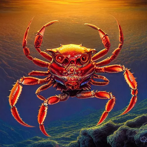 Image similar to photorealistic crab demon in the style of michael whelan and gustave dore. hyperdetailed photorealism, 1 0 8 megapixels, amazing depth, glowing rich colors, powerful imagery, psychedelic overtones, 3 d finalrender, 3 d shading, cinematic lighting, artstation concept art