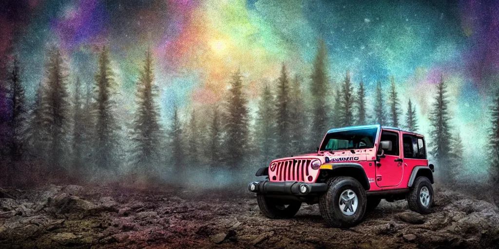 Image similar to a dirty 1997 hardtop Jeep Wrangler off road, digital painting, beautiful iridescent fog swallows the dirty alien planet, planets can be seen in the sky above, in front of an amazing forest, gritty, cinematic, extraordinary colorful landscape, photorealistic, soft vintage glow, smooth