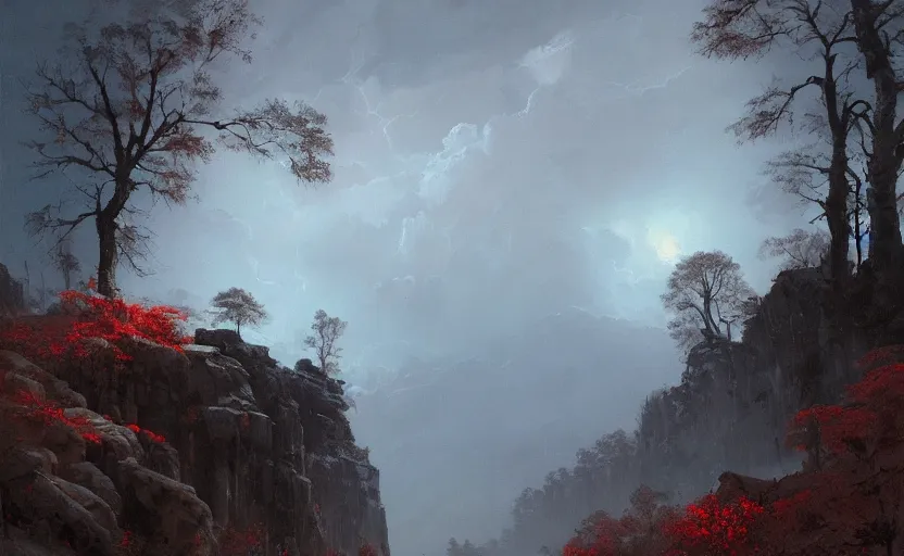 Image similar to A beautiful oil painting of a rocky valley covered in snow, trees with red leaves, thunderstorm in the sky, blue lighting, gloomy, atmospheric lighting, detailed, by greg rutkowski, trending on artstation