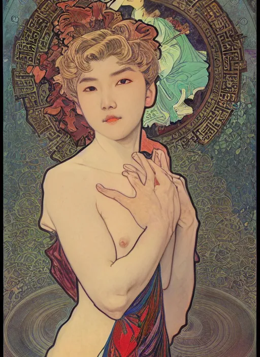 Image similar to cai xukun by james jean, manuel sanjulian, alphonse mucha