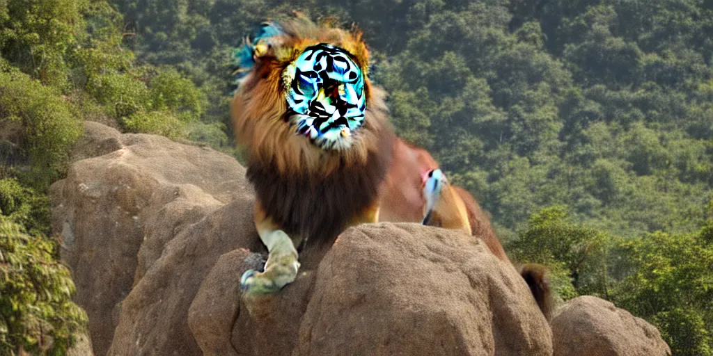 Image similar to hyperrealistic photo of a lion roaring on top of a rock over looking the jungle, 8 k