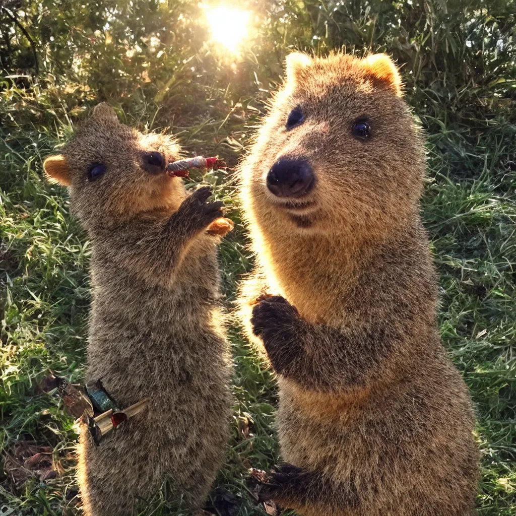 Prompt: happy quokka taking a smoking a joint and eating candy, golden hour, ultra realistic